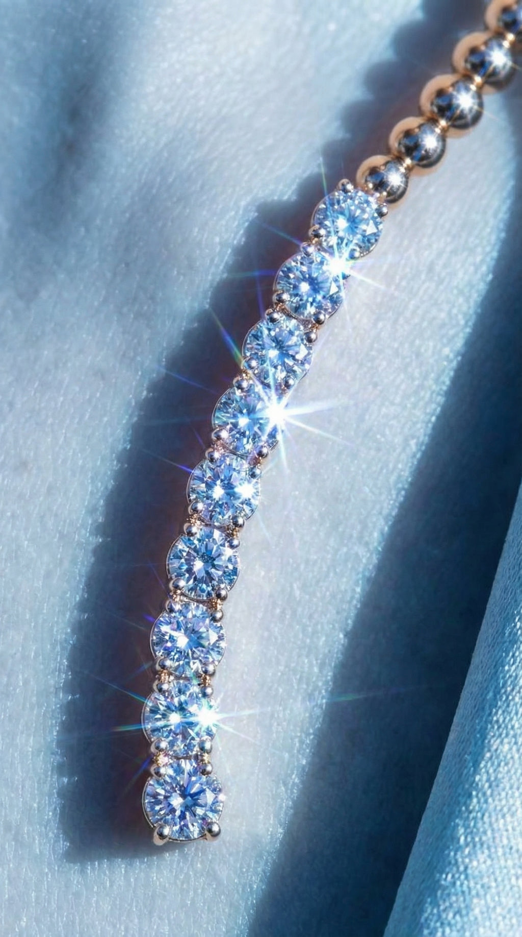 Diamond necklace closeup on a light blue fabric background