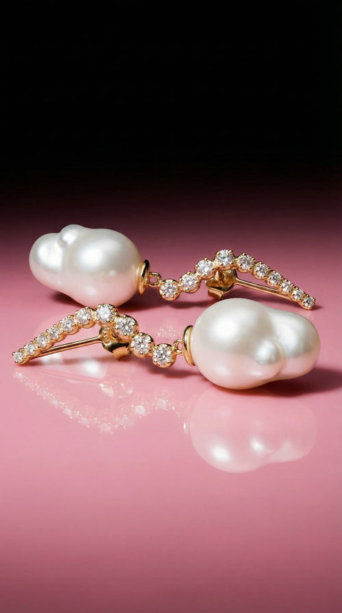 LE SILLAGE EARRINGS, BAROQUE PEARL AND DIAMONDS